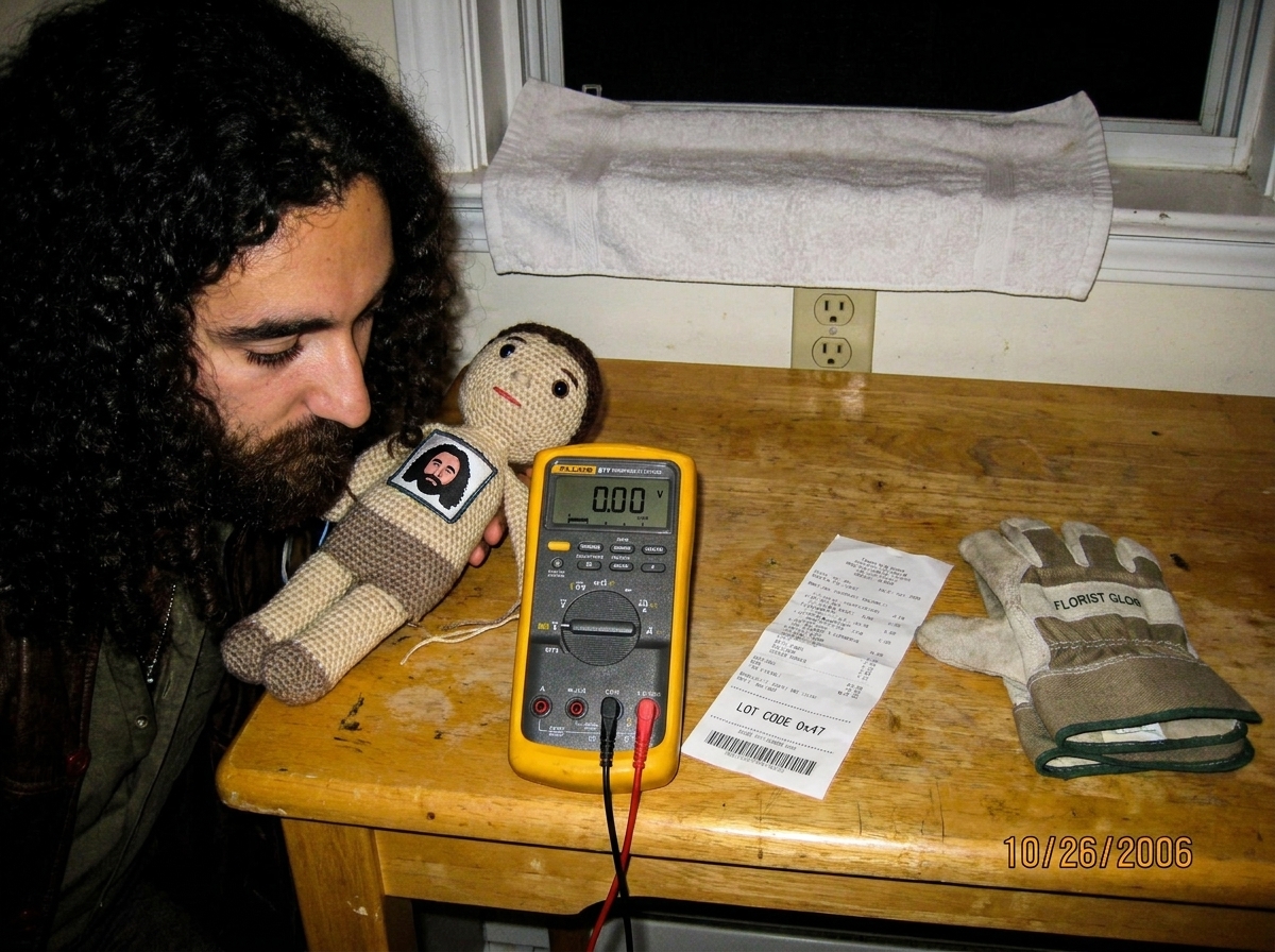 A smartphone photo of a Fluke 87V multimeter sitting on a kitchen table next to a half-finished crocheted doll with Gabriel's logo, a thermal receipt showing lot code 0x47, and a pair of florist gloves. The multimeter display reads 0.00V and the socket it was plugged into is clearly visible in the b