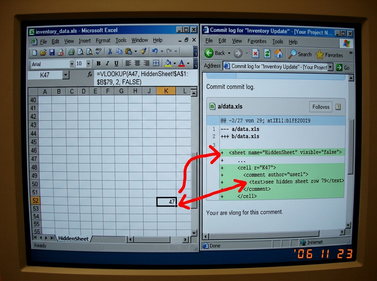 A screenshot of a spreadsheet with two windows side by side. Left window shows Excel with cell K47 selected, the formula bar displaying '=VLOOKUP(A47, HiddenSheet!$A$1:$B$79, 2, FALSE)' and the cell value showing 47. Right window shows a commit log diff from GitHub-style interface, with highlighted