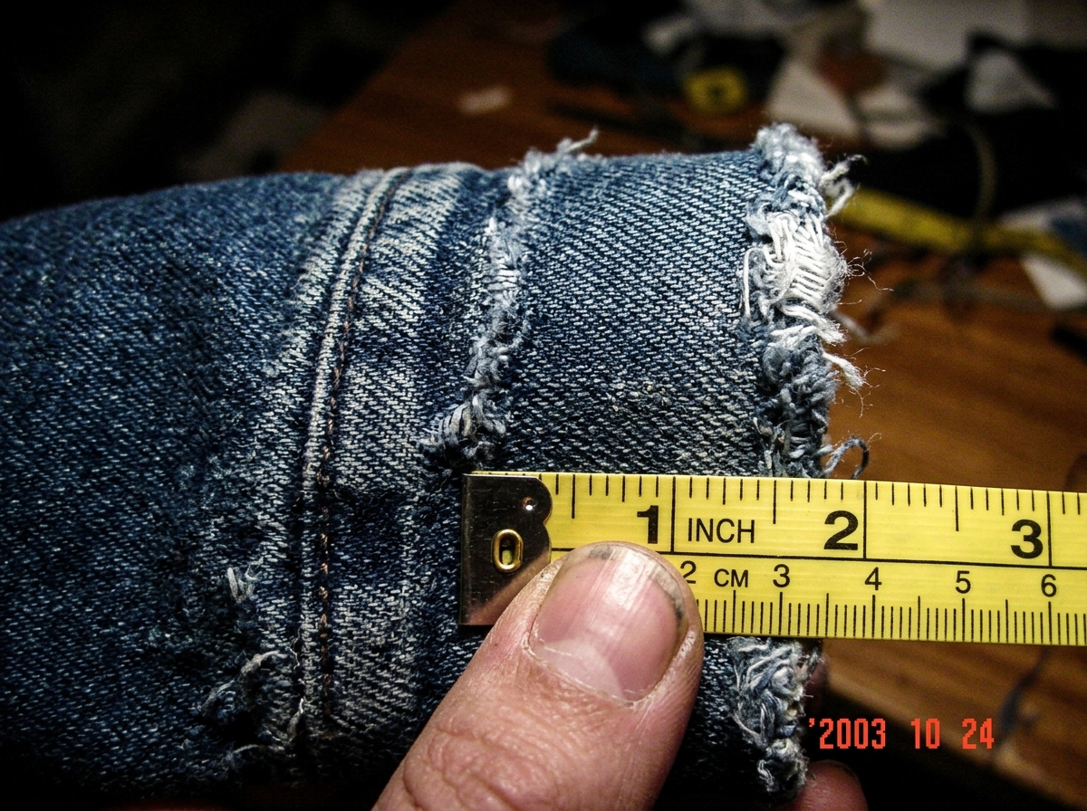 A close-up photo of a denim hoodie cuff, slightly frayed at the edge, held against a sewing measuring tape showing the thread count. The weave is clearly visible in the fabric grain. The photo has a slight blur and a date stamp in the corner reads '2003'. The lighting is dim and warm, taken indoors.