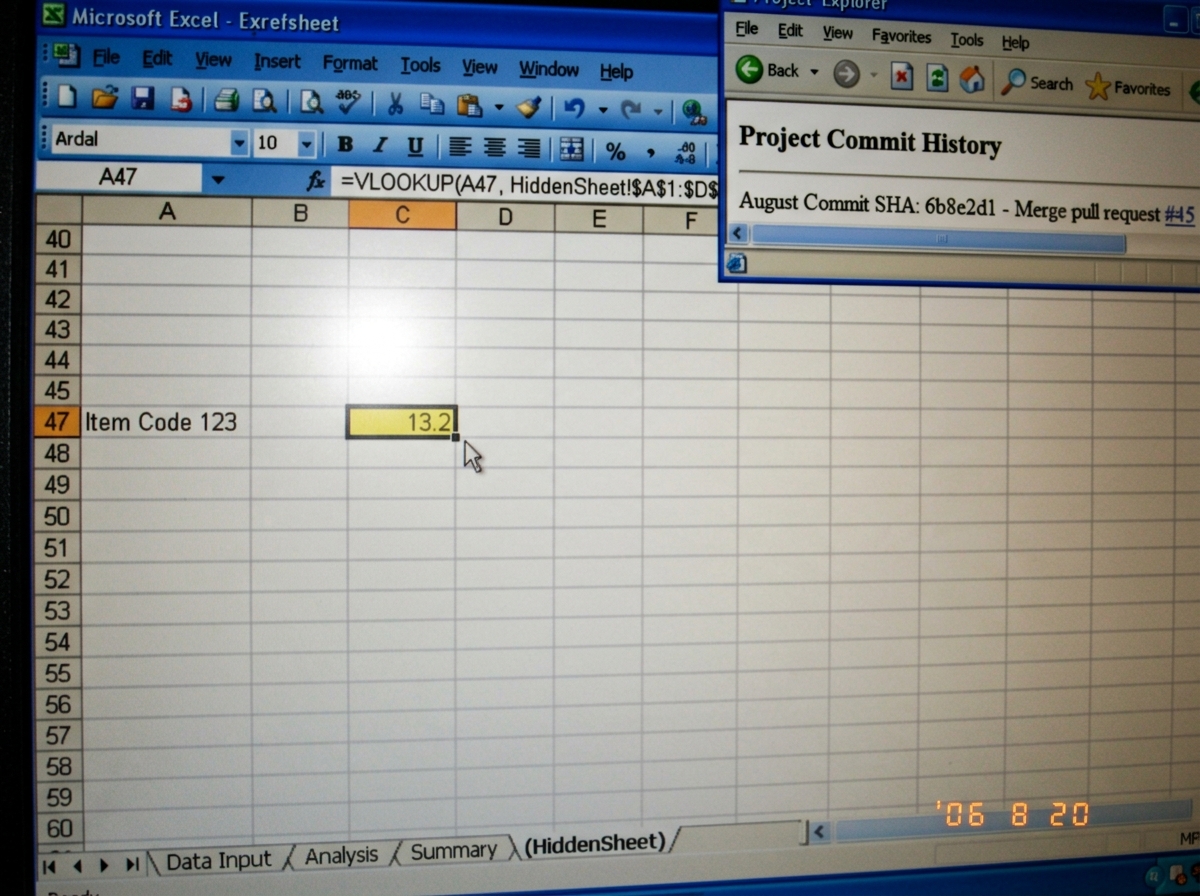 A screenshot of an Excel spreadsheet with a cell selected showing formula '=VLOOKUP(A47, HiddenSheet!$A$1:$D$79, 3, FALSE)' returning value 13.2. The cell is highlighted in yellow. The hidden sheet tab is visible at the bottom with its name in parentheses slightly lighter gray than the visible tabs.