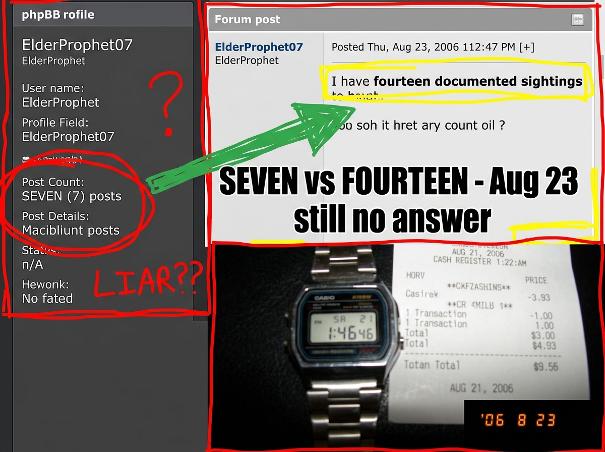 A crudely edited screenshot collage in MS Paint style: left side shows ElderProphet07's forum profile with a red circle around his post count showing 'SEVEN (7) posts', right side shows a highlighted post of his saying 'I have fourteen documented sightings' in bold. A green arrow connects them with 