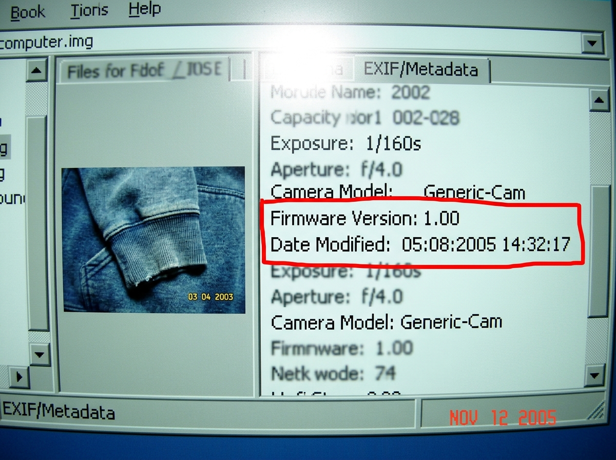 A zoomed-in screenshot of EXIF data from a digital photo. The metadata panel shows 'Firmware Version: 1.00' and 'Date Modified: 05:08:2005 14:32:17' highlighted with a red box drawn around it. The photo thumbnail beside it is the same denim hoodie cuff with a 2003 date stamp visible in the corner, c