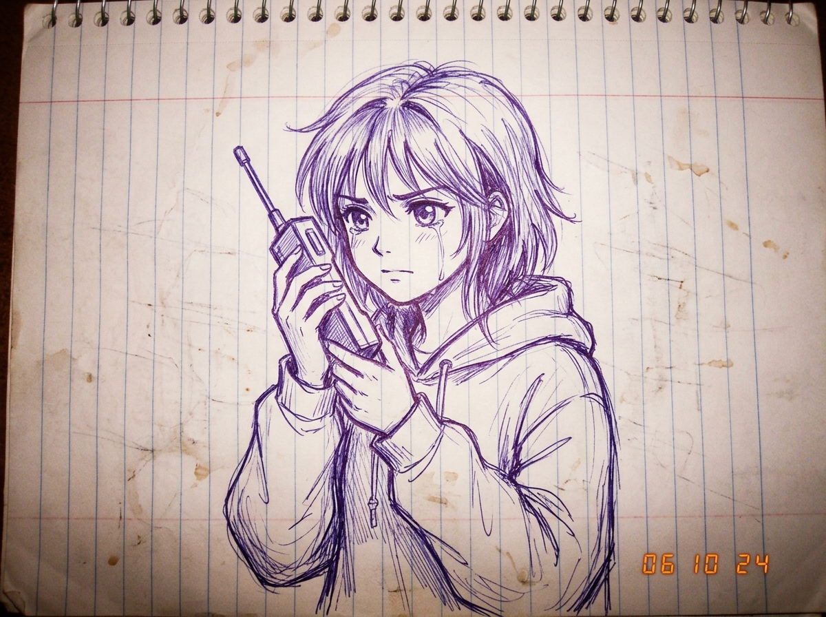 a hand-drawn manga-style sketch on lined notebook paper of a girl holding a walkie talkie up to her ear, a single tear on her cheek, the paper slightly crumpled, drawn in purple ballpoint pen