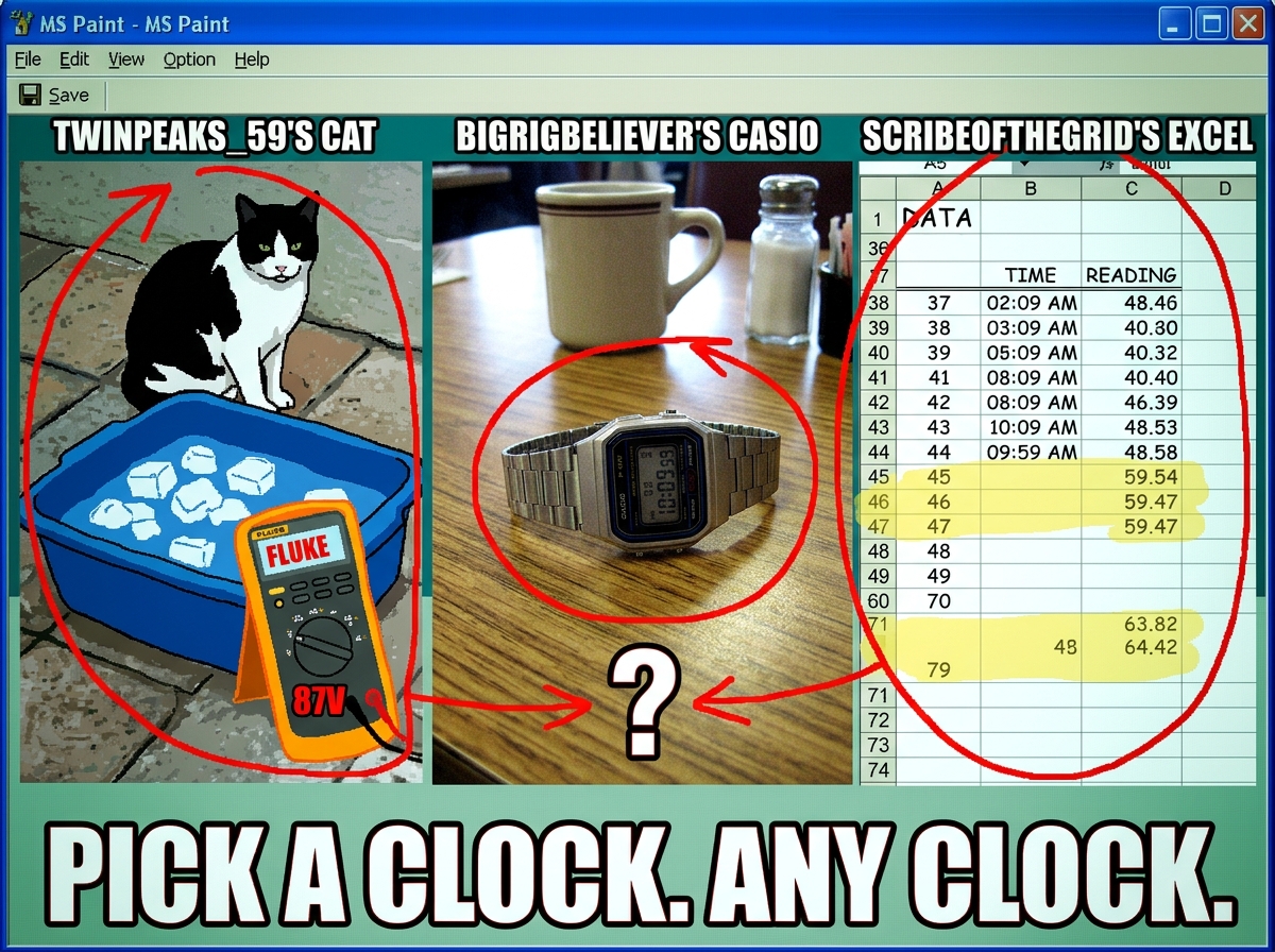 An MS Paint collage: left panel shows TwinPeaks_59's cat sitting next to the ice bath with the Fluke 87V, middle panel shows BigRigBeliever's Casio watch on the diner table, right panel shows ScribeOfTheGrid's Excel screenshot with row 45/46/79 highlighted. A red arrow circles each image and points 