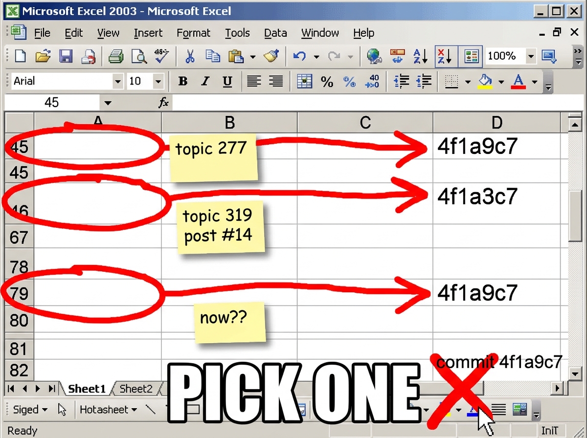 A crudely photoshopped Excel screenshot with three red circles on rows 45, 46, and 79, each with an arrow pointing to a different commit hash. Row 45 has a sticky note 'topic 277', row 46 has 'topic 319 post #14', row 79 has 'now??'. Bottom text in Impact: 'PICK ONE'. The cursor is hovering over a l