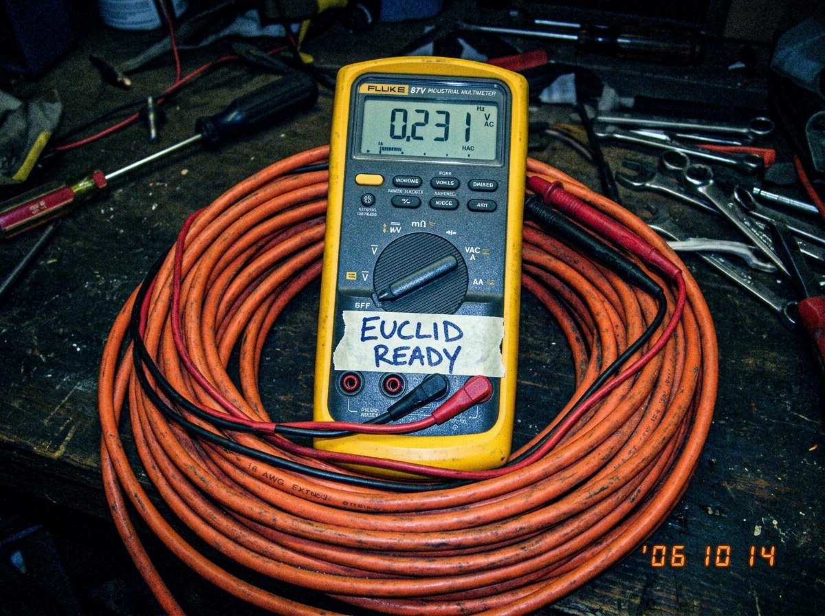 A close-up photo of a Fluke 87V multimeter sitting on top of a coiled orange 16 AWG extension cord, with a handwritten tape label on the Fluke that says EUCLID READY in blue sharpie