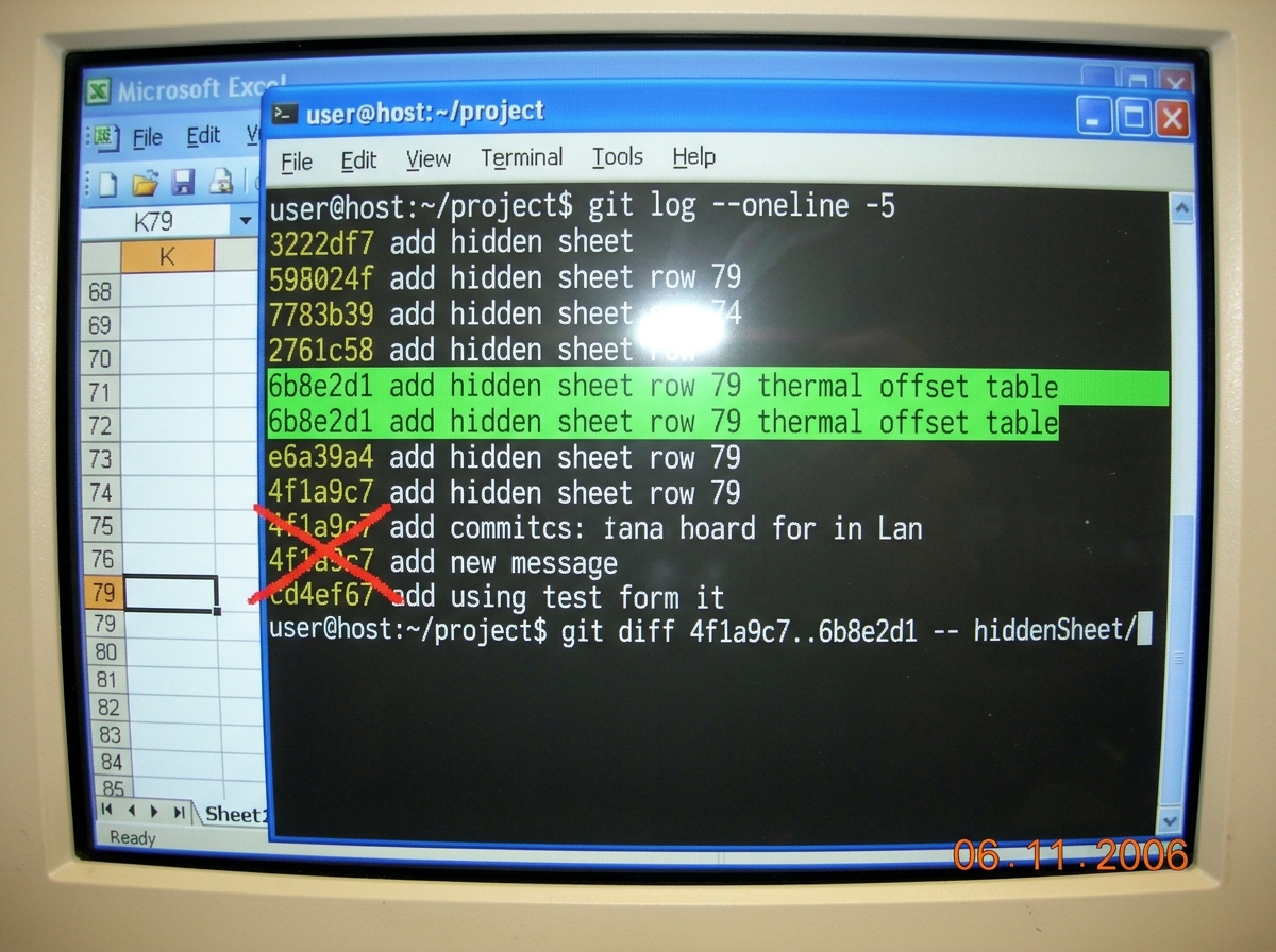 A screenshot of a terminal window showing 'git log --oneline -5' with commit 6b8e2d1 highlighted in green, the message reading 'add hidden sheet row 79 thermal offset table'. Below it, commit 4f1a9c7 is crossed out with a red X in MS Paint. The cursor blinks on a command line that reads 'git diff 4f