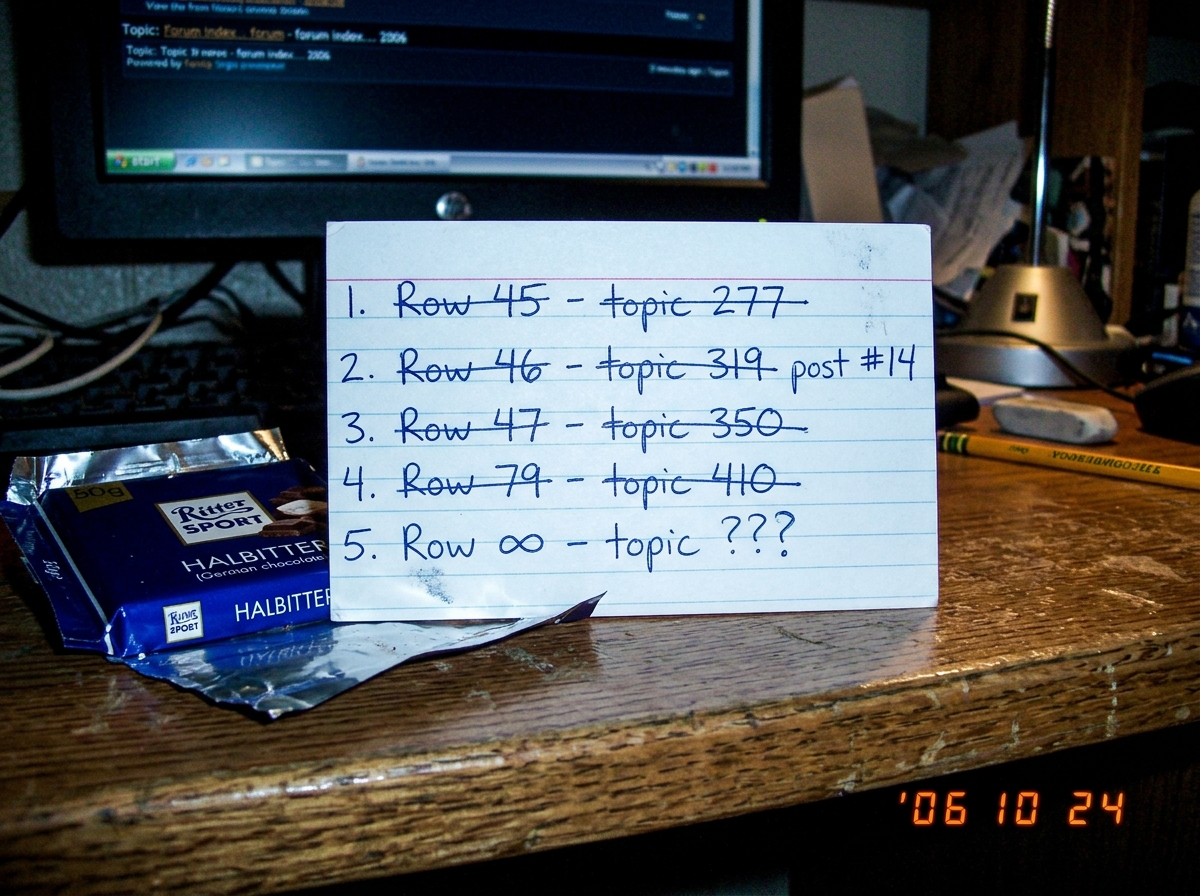 A hand-drawn index card on a dorm desk, with a numbered list in tidy handwriting: 'Row 45 - topic 277', 'Row 46 - topic 319 post #14', 'Row 47 - topic 350', 'Row 79 - topic 410', 'Row ∞ - topic ???'. Each entry is crossed out except the last one, which has a question mark. A German chocolate wrapper