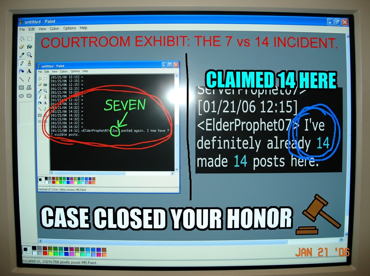 A crudely edited MS Paint screenshot collage styled like a courtroom exhibit. Left panel: ElderProphet07's server log with a red circle around the entry showing '7 visible posts' and a green arrow pointing to the word 'SEVEN'. Right panel: the same server log zoomed in on the '14' in ElderProphet07'