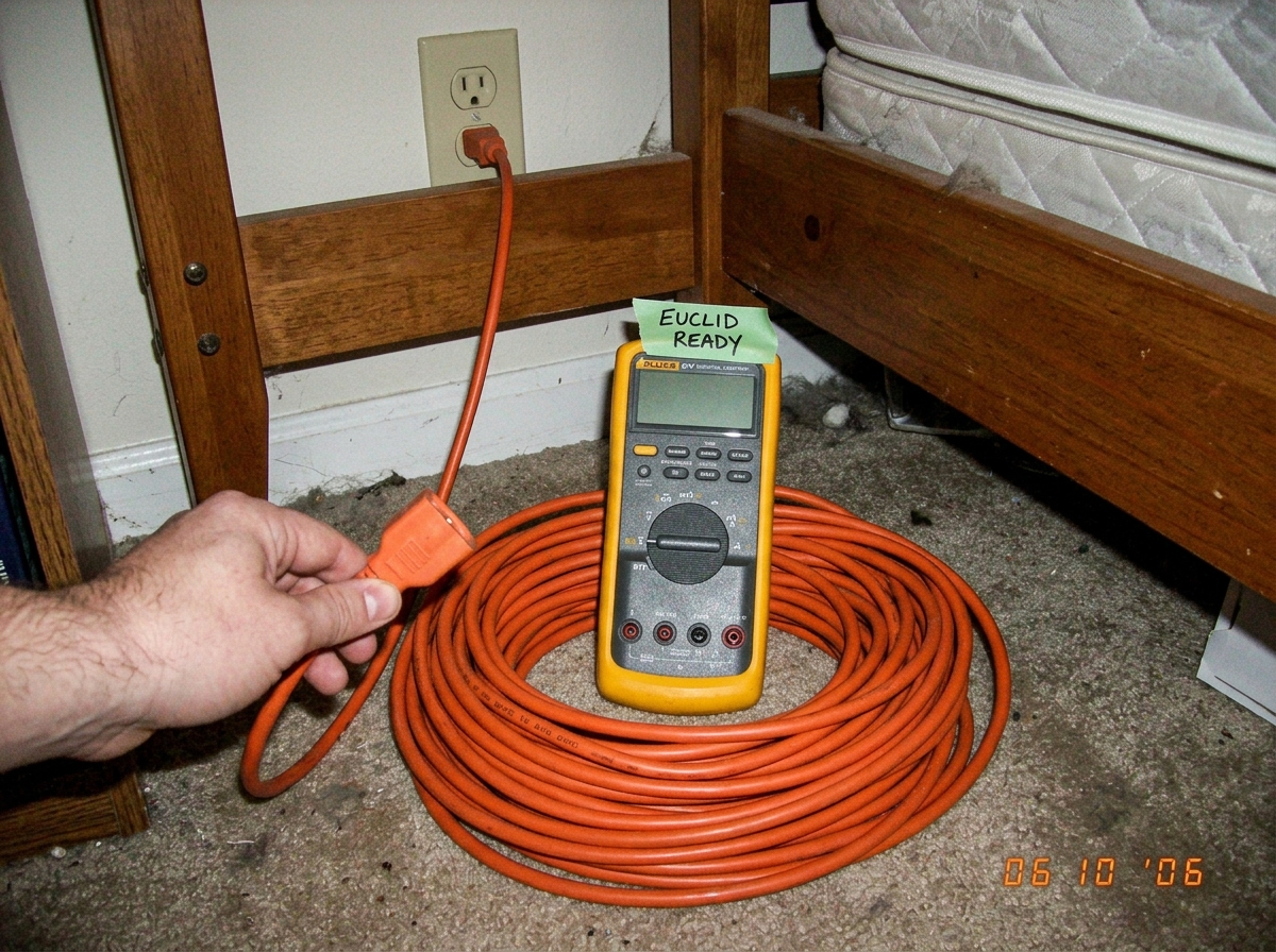 Cell phone photo of a coiled 16 AWG extension cord rated 15A plugged into wall outlet behind bed with Fluke 87V multimeter sitting on top of coil, tape on Fluke reading 'EUCLID READY', hand reaching into frame holding other end of cord