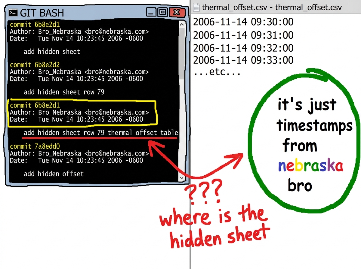 MS Paint collage: left side shows a git command line with commit 6b8e2d1 highlighted, message reads 'add hidden sheet row 79 thermal offset table'. Right side shows the actual CSV file content from that commit which is just a simple list of plain timestamps with no hidden sheet references at all. A 