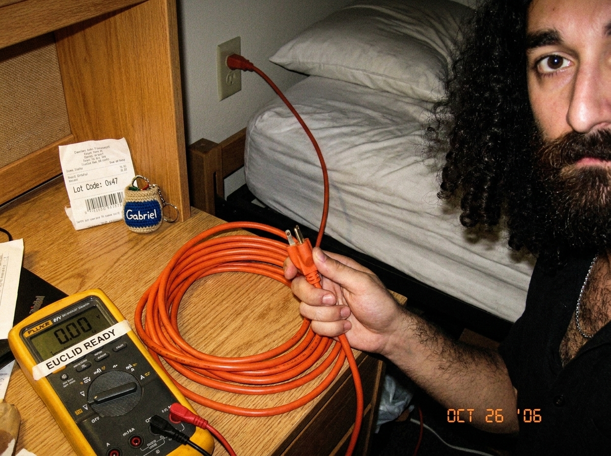 Cell phone photo of a coiled 16 AWG extension cord rated 15A and 125V plugged into a bedroom wall outlet behind a bed, a Fluke 87V multimeter sitting on top of the coil with a hand-written tape label reading 'EUCLID READY' and the display showing 0.00V, a hand reaching into frame holding the other e