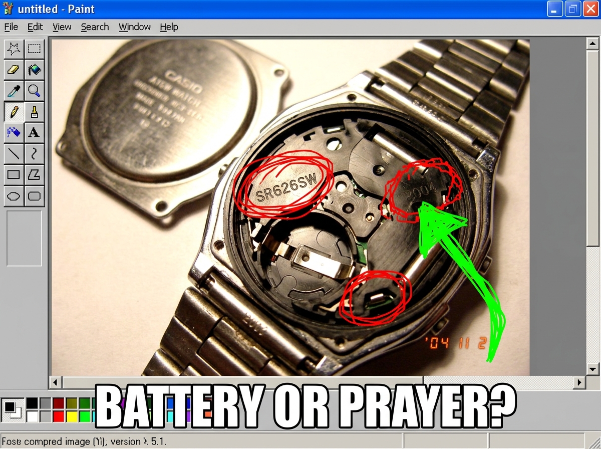 A crudely edited MS Paint screenshot of a Casio A158W watch battery compartment, shown open with the battery removed. A red circle highlights the battery model number 'SR626SW'. A green arrow points to a date code on the battery reading '2004'. The image is poorly cropped and has jpeg artifacts. Tex