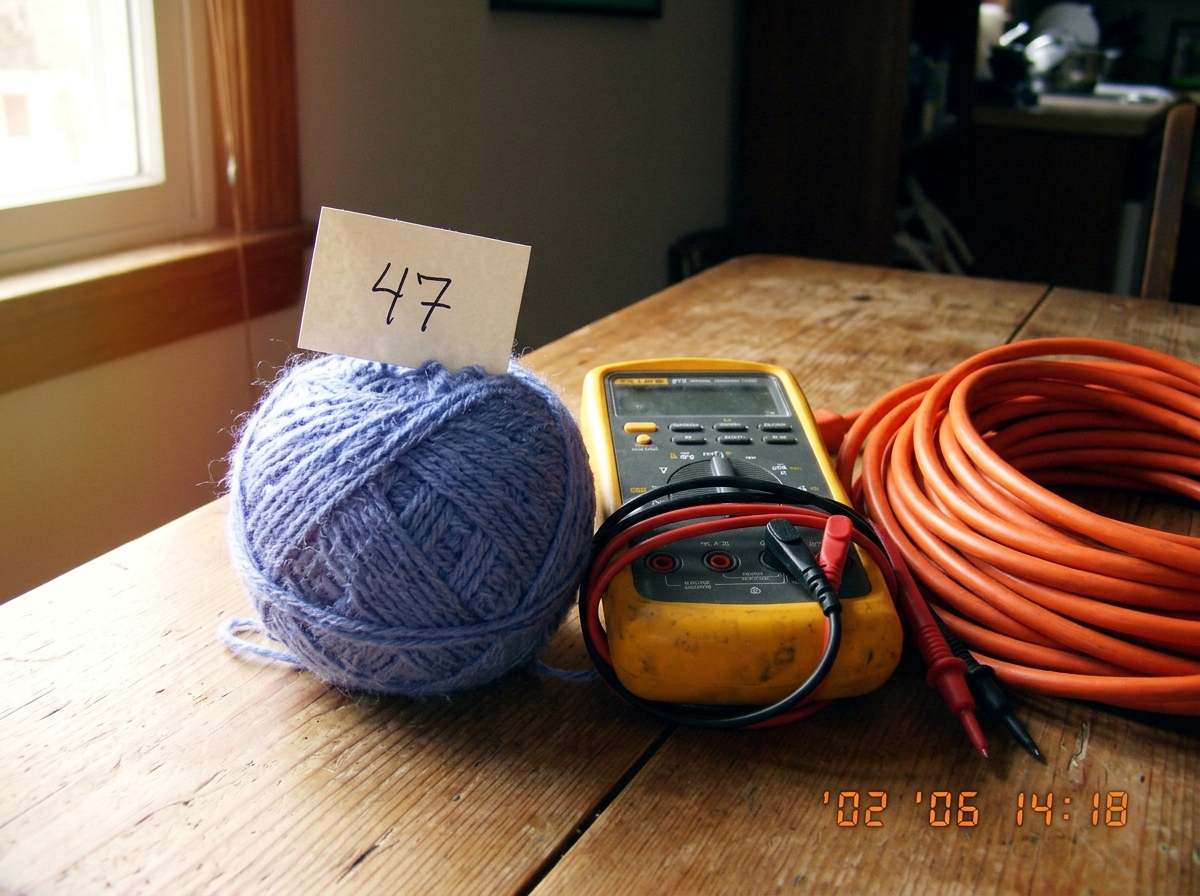 A ball of periwinkle blue crochet yarn sitting on a wooden kitchen table, with a small handwritten tag that reads '47' stuck into the yarn, next to a Fluke 87V multimeter with a 16awg orange extension cord coiled nearby. Sunlight from a window casts a warm glow.