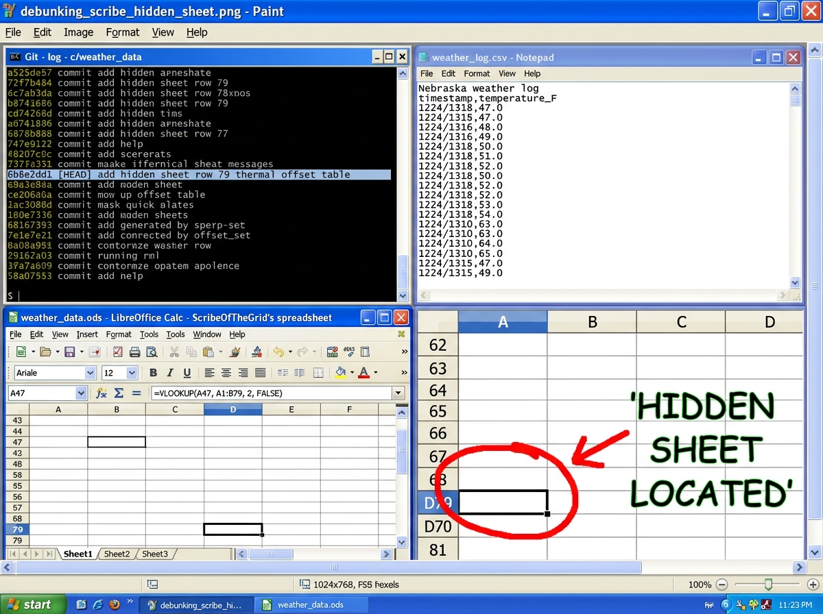 MS Paint screenshot showing four windows: top left is a git log with commit 6b8e2d1 highlighted reading 'add hidden sheet row 79 thermal offset table', top right is the actual CSV file content from that commit showing only plain timestamps with 'Nebraska weather log' header and no hidden sheet refer