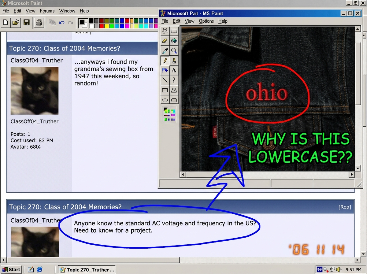 MS Paint screenshot collage from a forum thread. Left side shows ClassOf04_Truther's post where she mentions her grandma's sewing box from 1947. Right side shows a zoomed-in crop of a denim jacket photo with the embroidered text 'ohio' in lowercase, with a red circle around it and green Comic Sans t