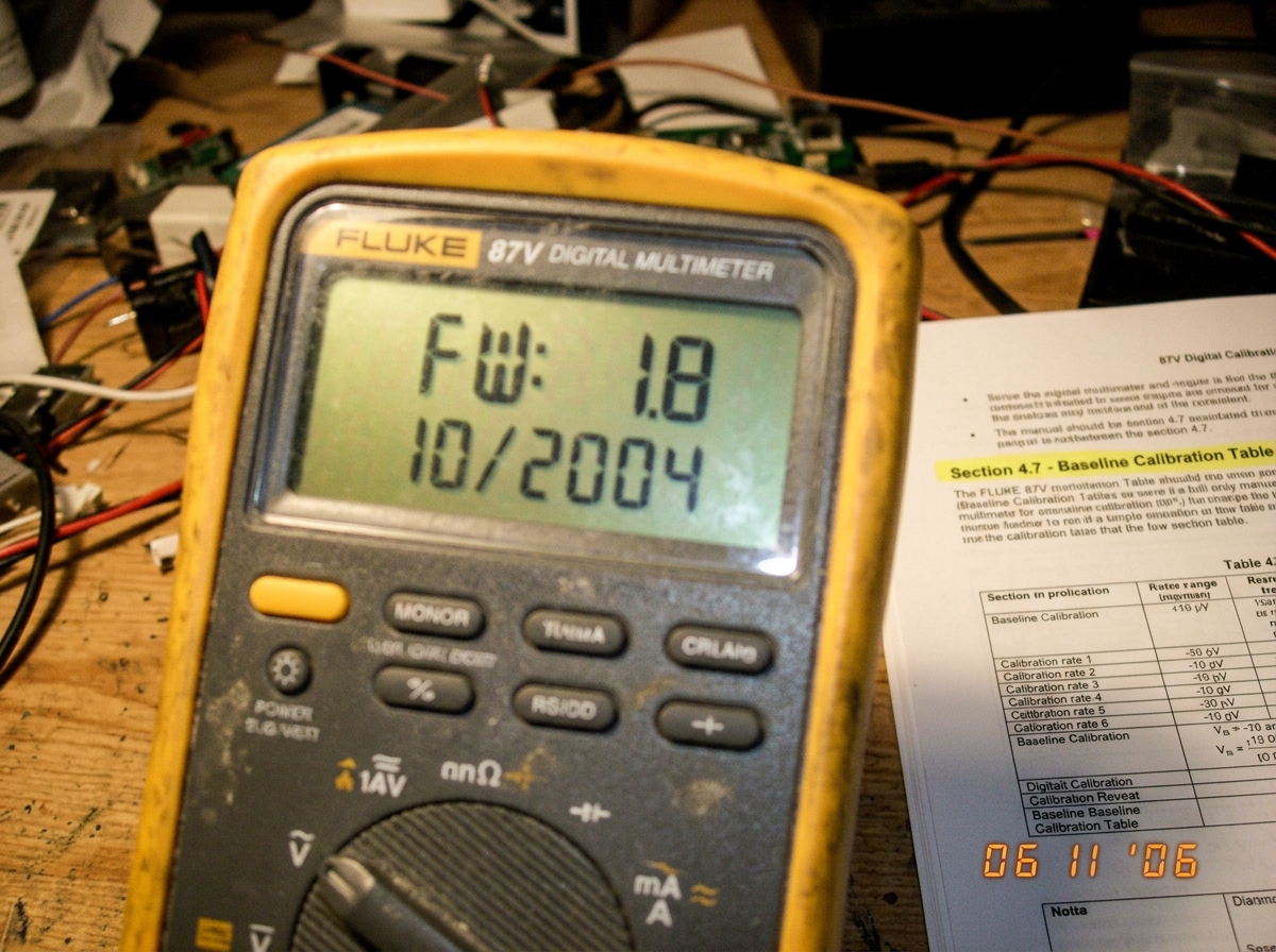 A close-up photo of a Fluke 87V digital multimeter screen showing the firmware version screen. The display reads 'FW: 1.8' with a date stamp '10/2004' visible. The meter is sitting on a workbench next to a printed Fluke manual page with 'Section 4.7 - Baseline Calibration Table' highlighted. The pho