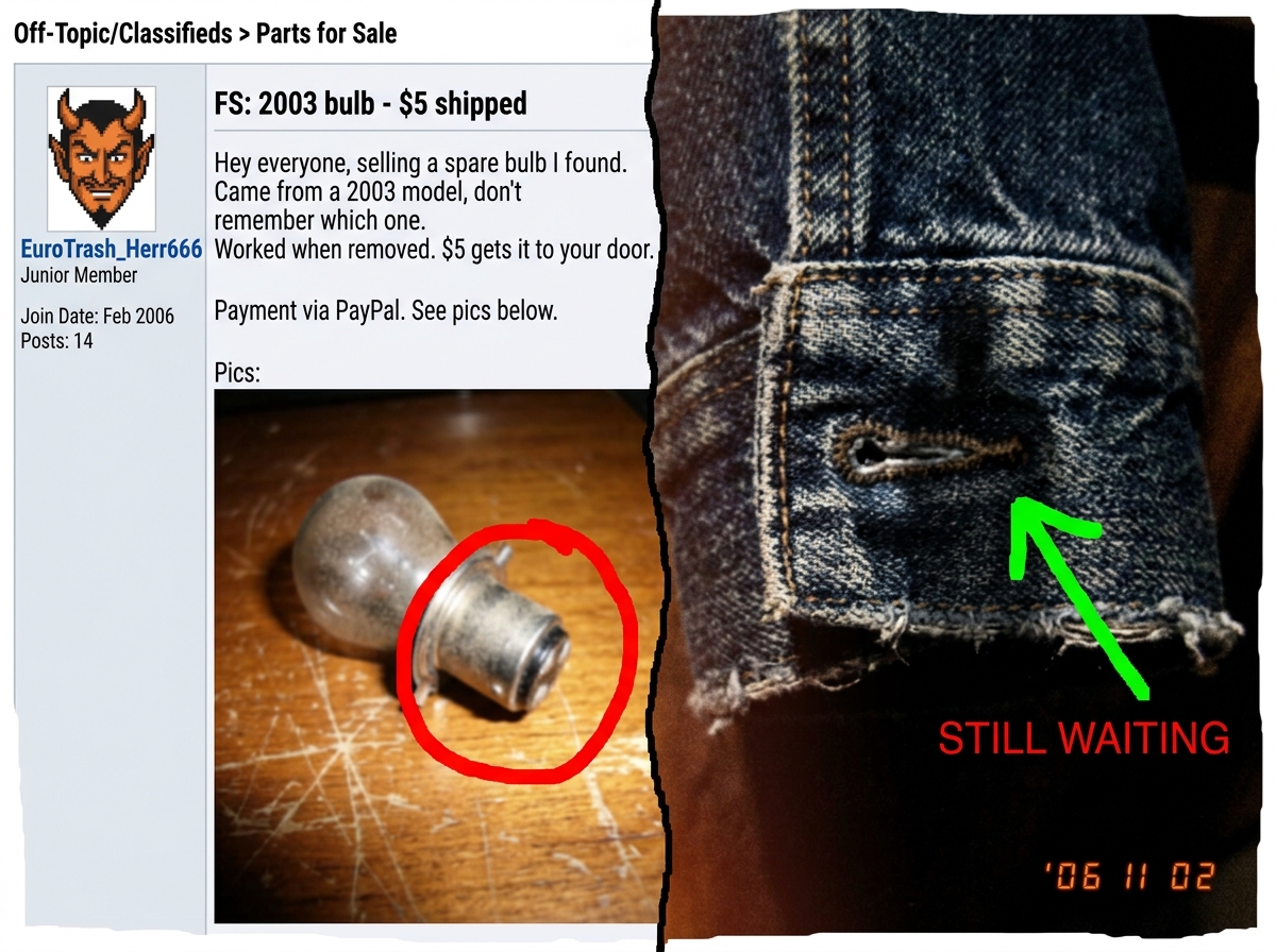A crudely edited MS Paint image: left side shows EuroTrash_Herr666's forum post selling a '2003 bulb' with a red circle around the missing socket photo. Right side shows a close-up of BackAgainLikeBadHair's denim jacket cuff with a faint shadowy figure visible in the fabric grain texture, with a gre