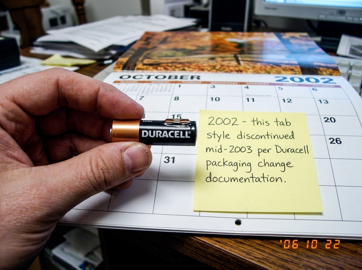 A close-up of a Duracell AA battery held in a hand, showing the copper top ridge and old-style logo font, next to a 2002 dollar store calendar page. A sticky note reads '2002 - this tab style discontinued mid-2003 per Duracell packaging change documentation.'
