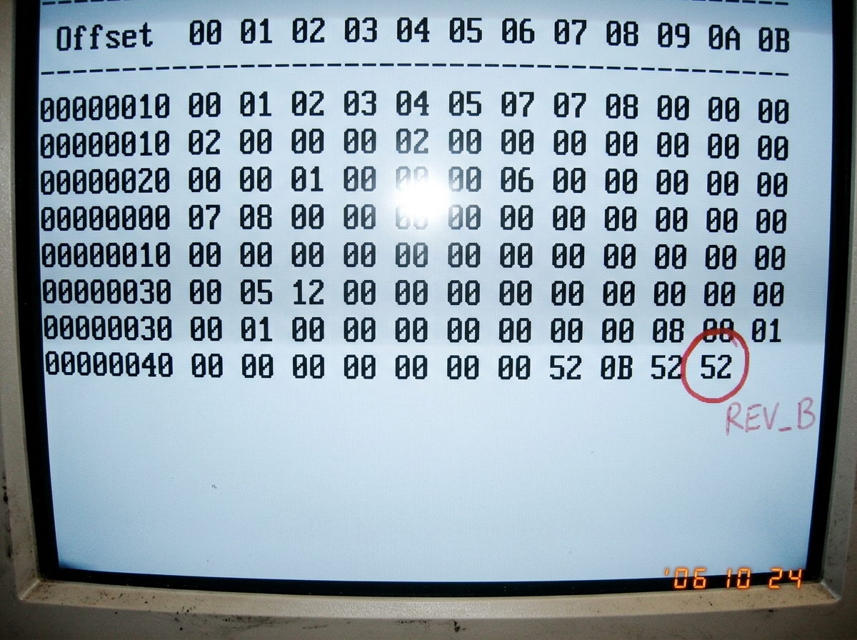 A screenshot of a hex dump showing 'REV_B' firmware padding at offset 0x4B, with a red circle around the padding byte. The file is truncated at column B row 46, showing no column K data exists.