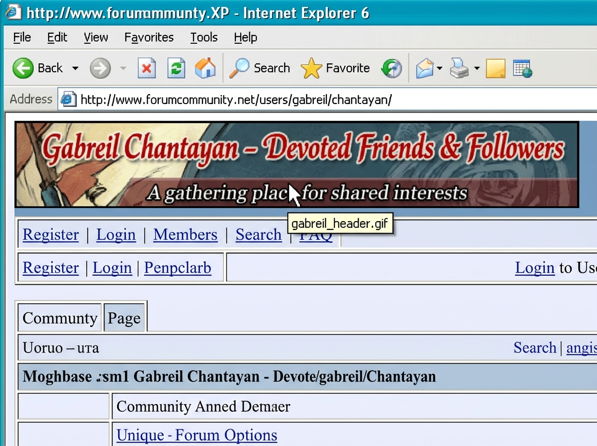 A screenshot of the forum header showing 'Gabreil Chantayan - Devoted Friends & Followers' in red text, with a cursor hovering over the header image and a browser status bar or tooltip revealing no alt text - just the raw filename 'gabreil_header.gif'