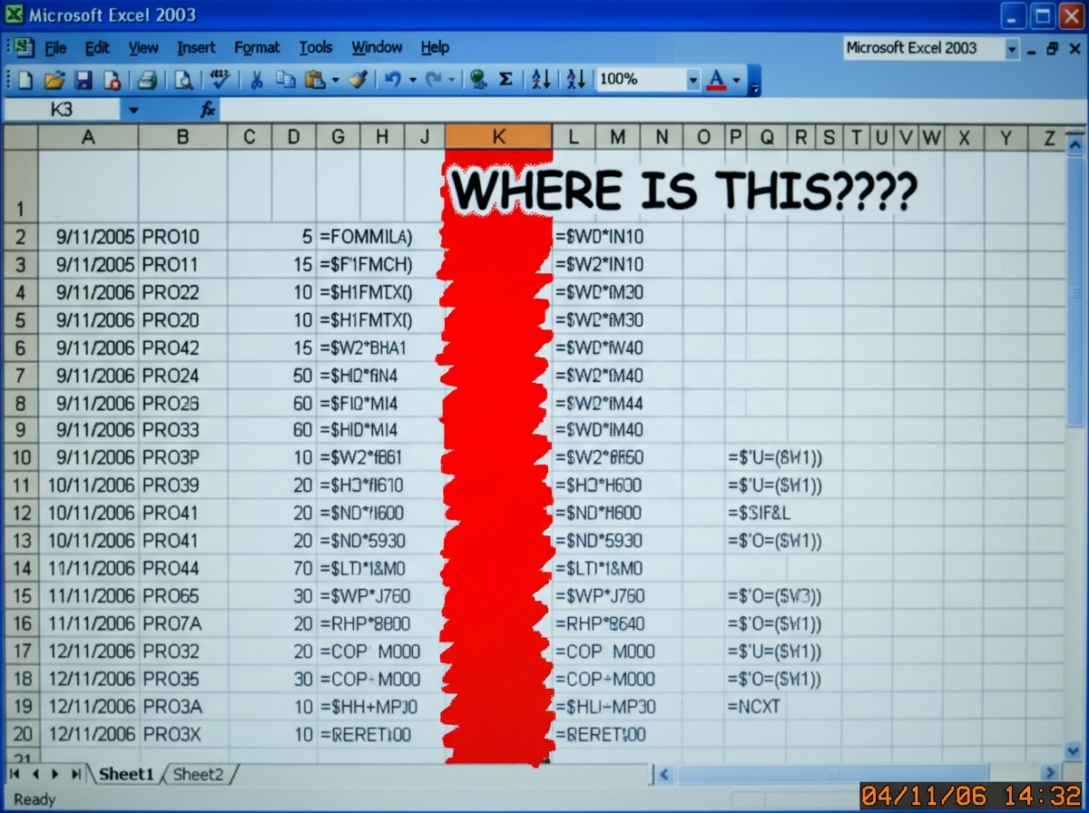 A sarcastic screenshot of an Excel sheet with columns labeled A through Z, where column K is highlighted in red and labeled "WHERE IS THIS???" in Comic Sans MS font.