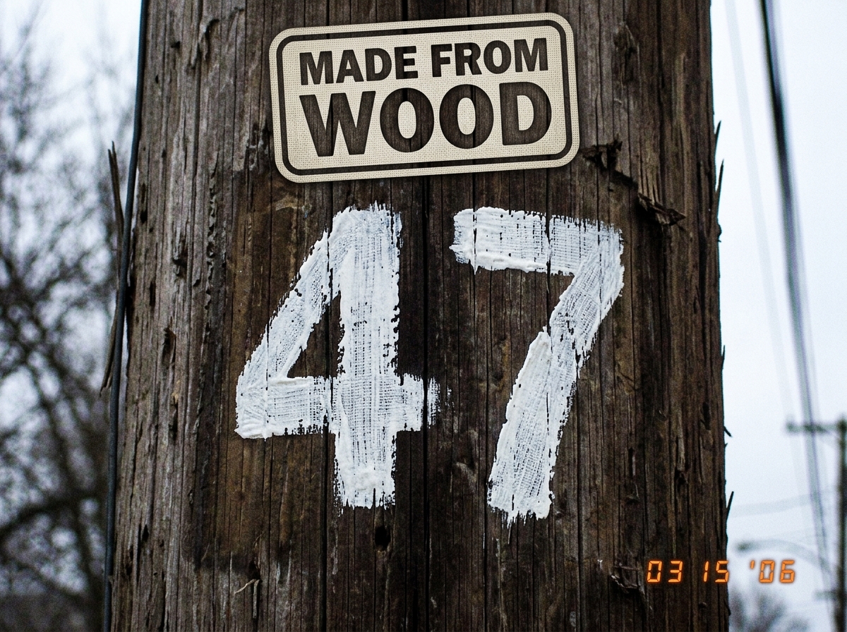 A meme-style image of a utility pole with the number 47 painted on it, overlaid with a 'Made from Wood' label and a textile weave pattern visible in the paint texture.