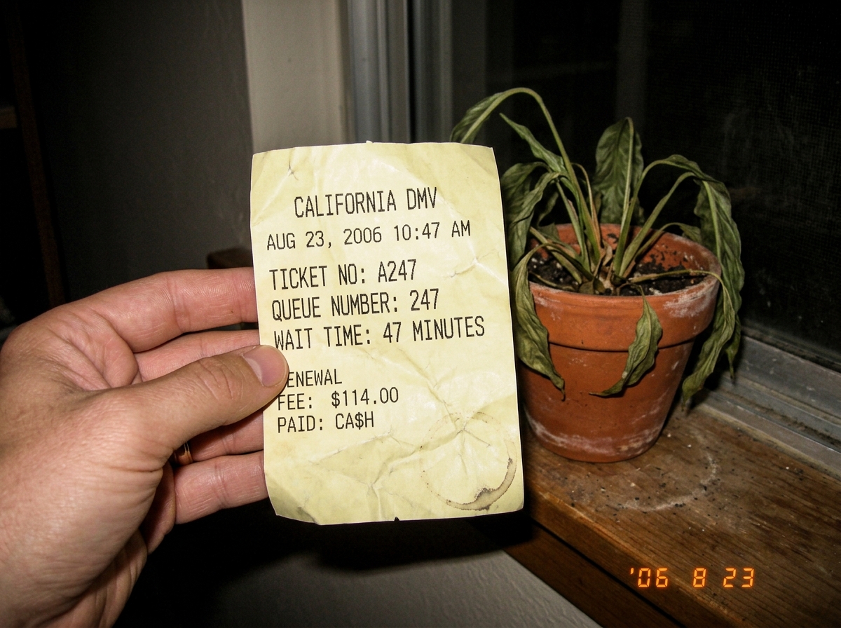 A crumpled DMV receipt from August 23, 2006, showing a queue number with 47 in it. The paper is slightly wrinkled from being in a pocket, with a coffee ring on one corner. The receipt shows 'WAIT TIME: 47 MINUTES' and a ticket number ending in 47. A hand is holding it up next to a wilted houseplant 