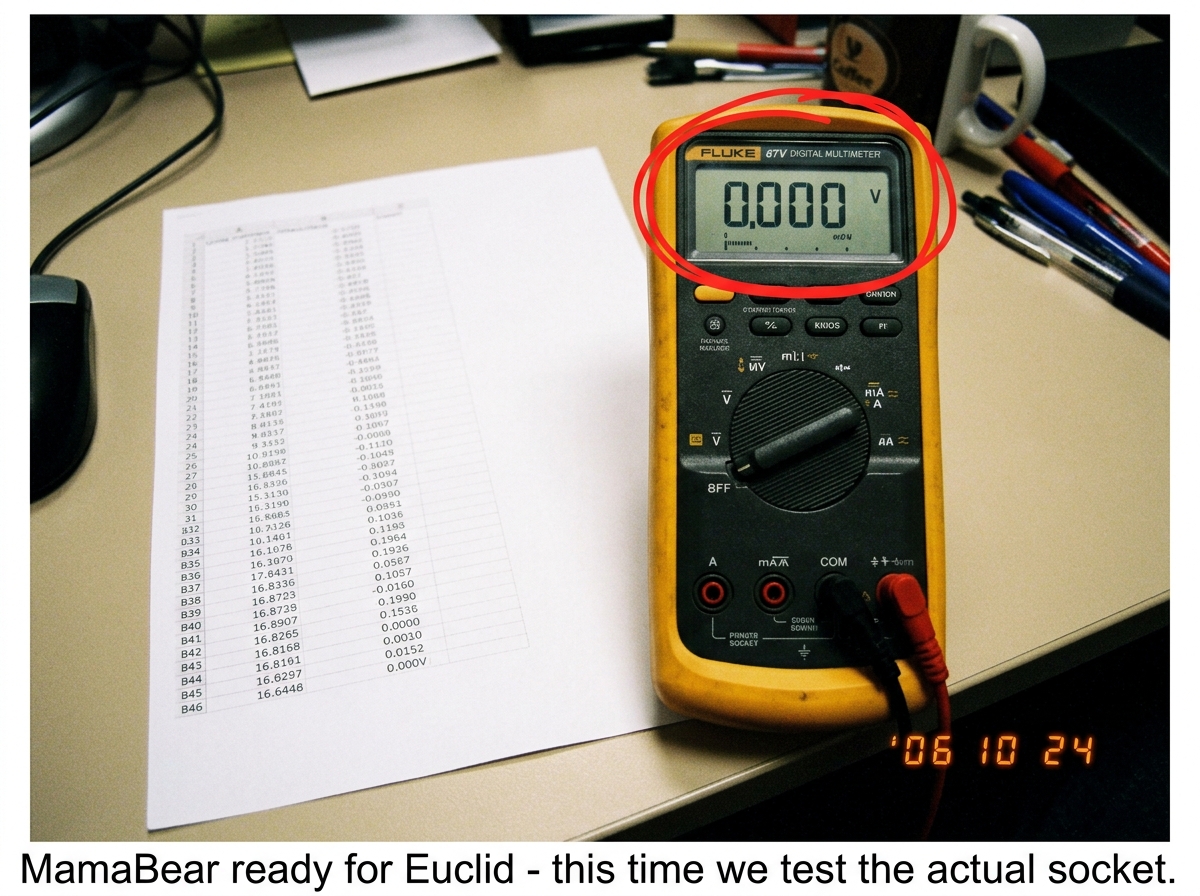 A photo of a Fluke 87V multimeter with a red circle drawn around the display showing 0.000V, sitting next to a printout of a CSV file that stops at column B row 46. The caption reads 'MamaBear ready for Euclid - this time we test the actual socket.'