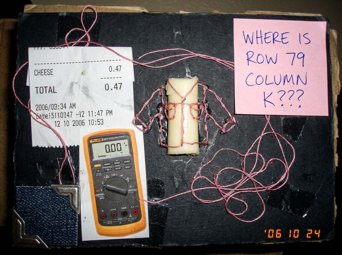 A shrine collage made from a cheese receipt showing 47 cents, a small piece of string cheese arranged in the shape of a denim jacket, and clipart of a Fluke 87V multimeter. The collage is held together with pink embroidery thread. A sticky note in the corner reads 'WHERE IS ROW 79 COLUMN K???' in ha