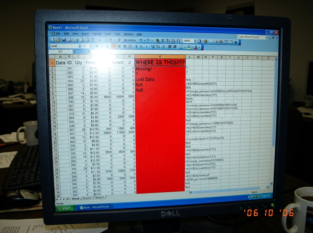 A sarcastic screenshot of an Excel sheet with columns labeled A through Z, where column K is highlighted in red and labeled "WHERE IS THIS???" in Comic Sans MS font.