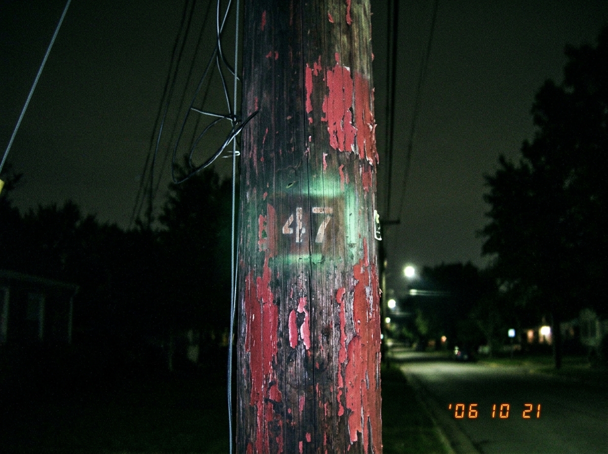A dimly lit nighttime photograph of a utility pole with faded red paint, showing a faint spectral green glow around the '47' marking. The glow is subtle, almost like a camera artifact, but clearly visible in the right light.