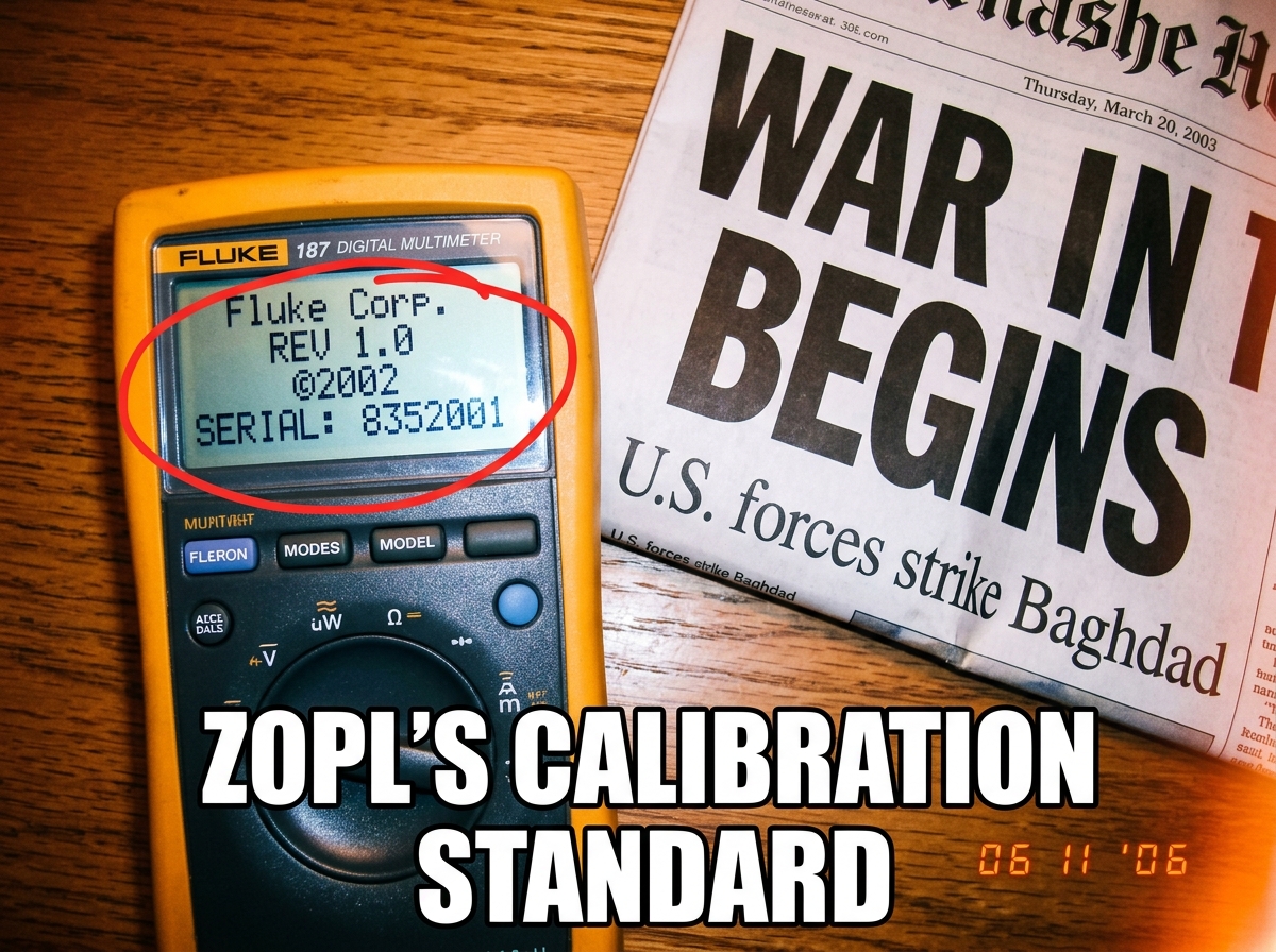 A screenshot of a Fluke firmware version screen showing 'REV 1.0' dated 2002, next to a newspaper headline 'WAR IN IRAQ BEGINS' from March 2003. A red circle highlights the firmware date. The image is captioned 'z0pl's calibration standard' in Impact font.