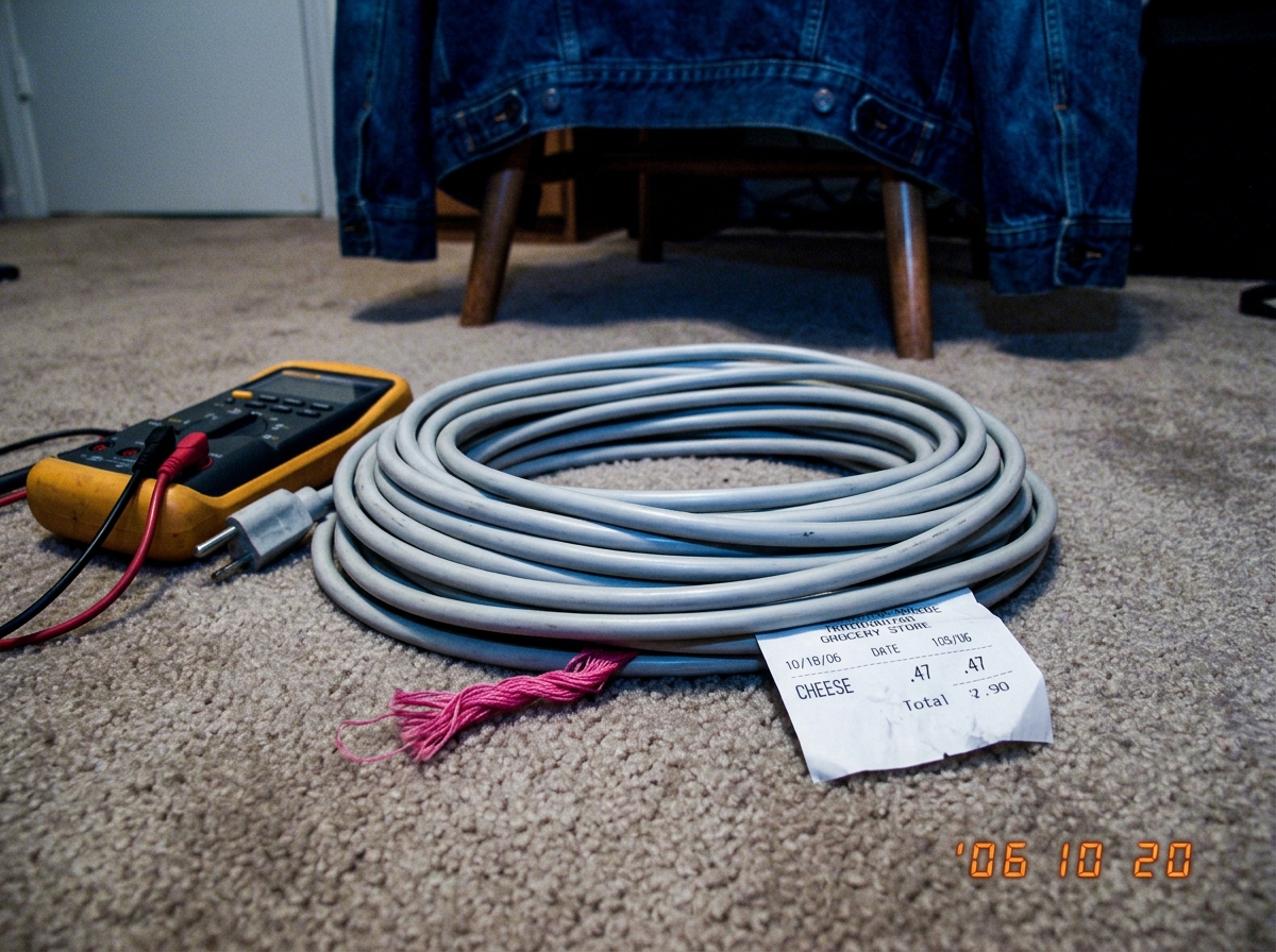 Photo of my actual 16awg extension cord coiled neatly on my bedroom floor next to my Fluke 87V multimeter, with a small piece of pink embroidery thread and a cheese receipt showing 47 cents tucked under the cord. A denim jacket is visible in the background.
