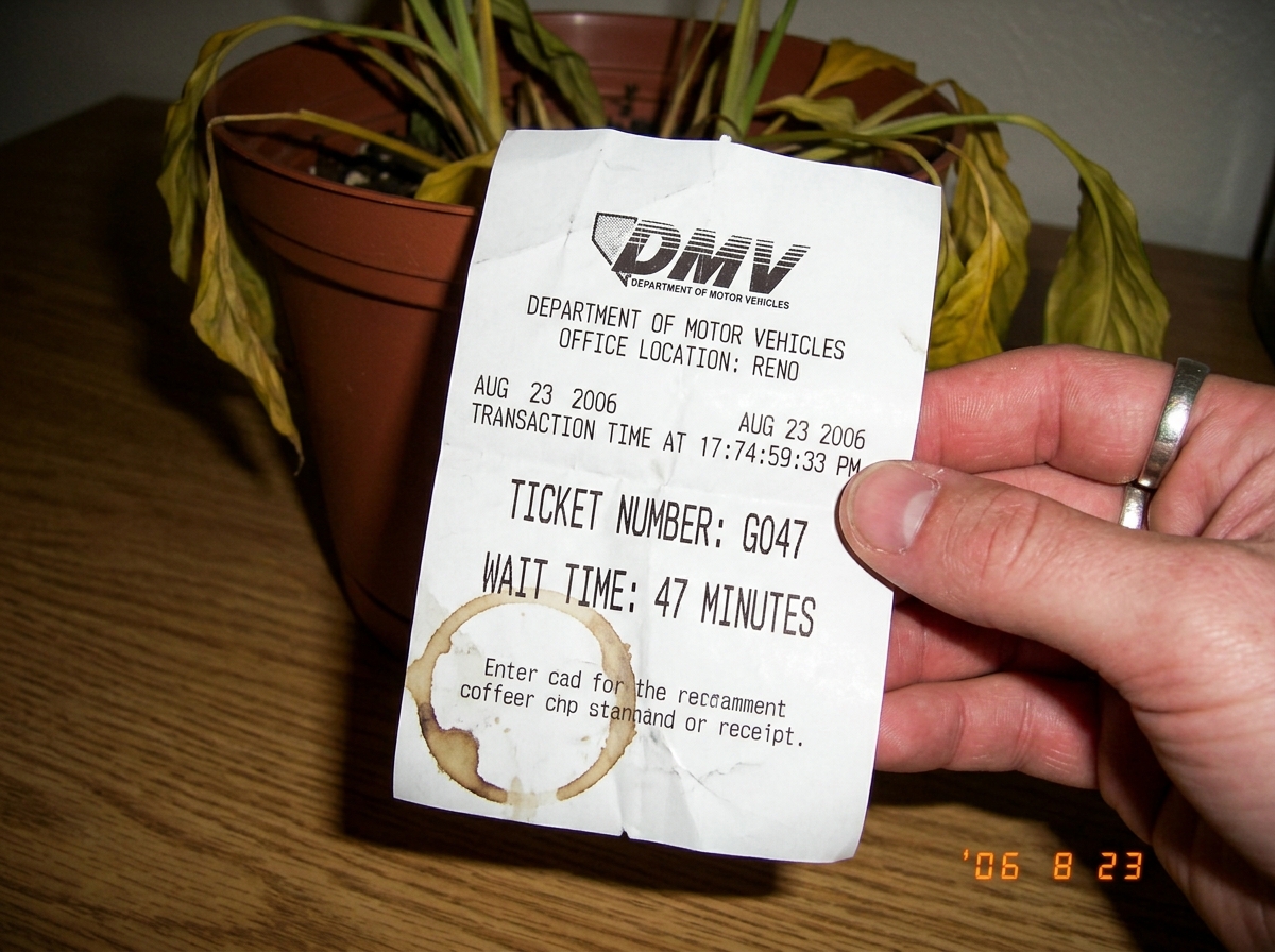 A crumpled DMV receipt from August 23, 2006, showing 'WAIT TIME: 47 MINUTES' and a ticket number ending in 47. A hand is holding it up next to a wilted houseplant with a coffee ring visible on the receipt corner.
