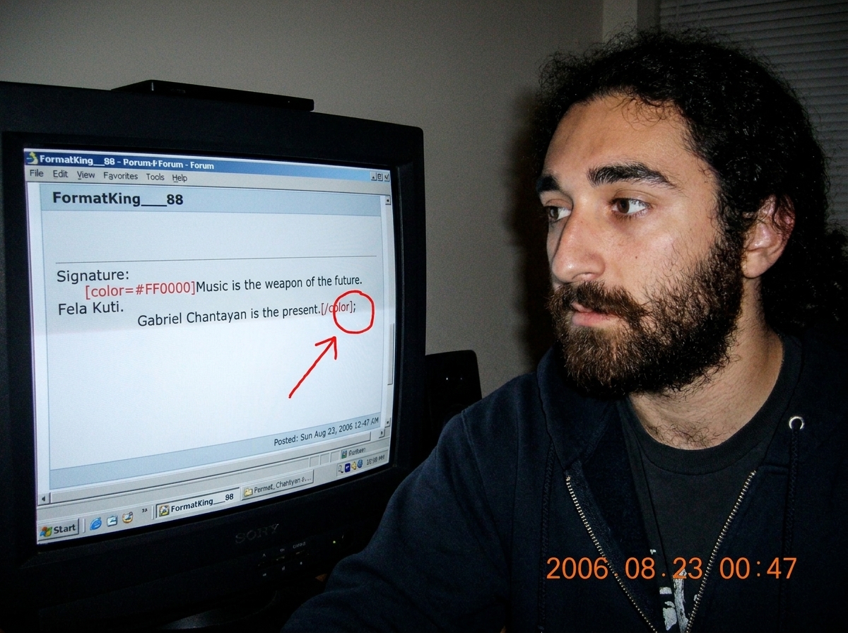 A screenshot of FormatKing__88's forum signature with a red circle around the dangling semicolon at the end of the BBCode. The signature reads 'Music is the weapon of the future. Fela Kuti. Gabriel Chantayan is the present.' with a stray semicolon after the closing color tag that makes the signature