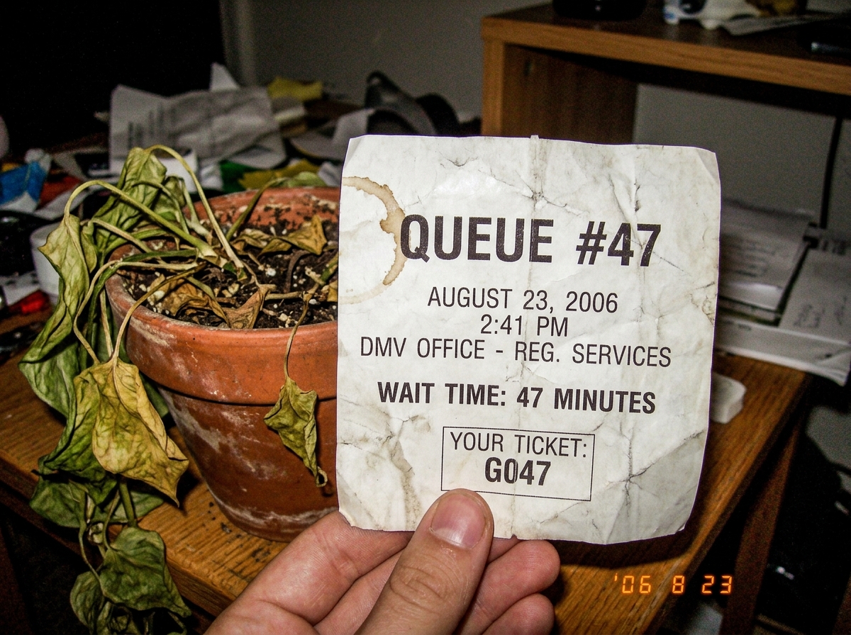 A crumpled DMV receipt from August 23, 2006, showing 'WAIT TIME: 47 MINUTES' and a ticket number ending in 47. The paper has a coffee ring stain on one corner and is being held up next to a wilted houseplant in a terracotta pot. The receipt also shows 'QUEUE #47' in bold print.