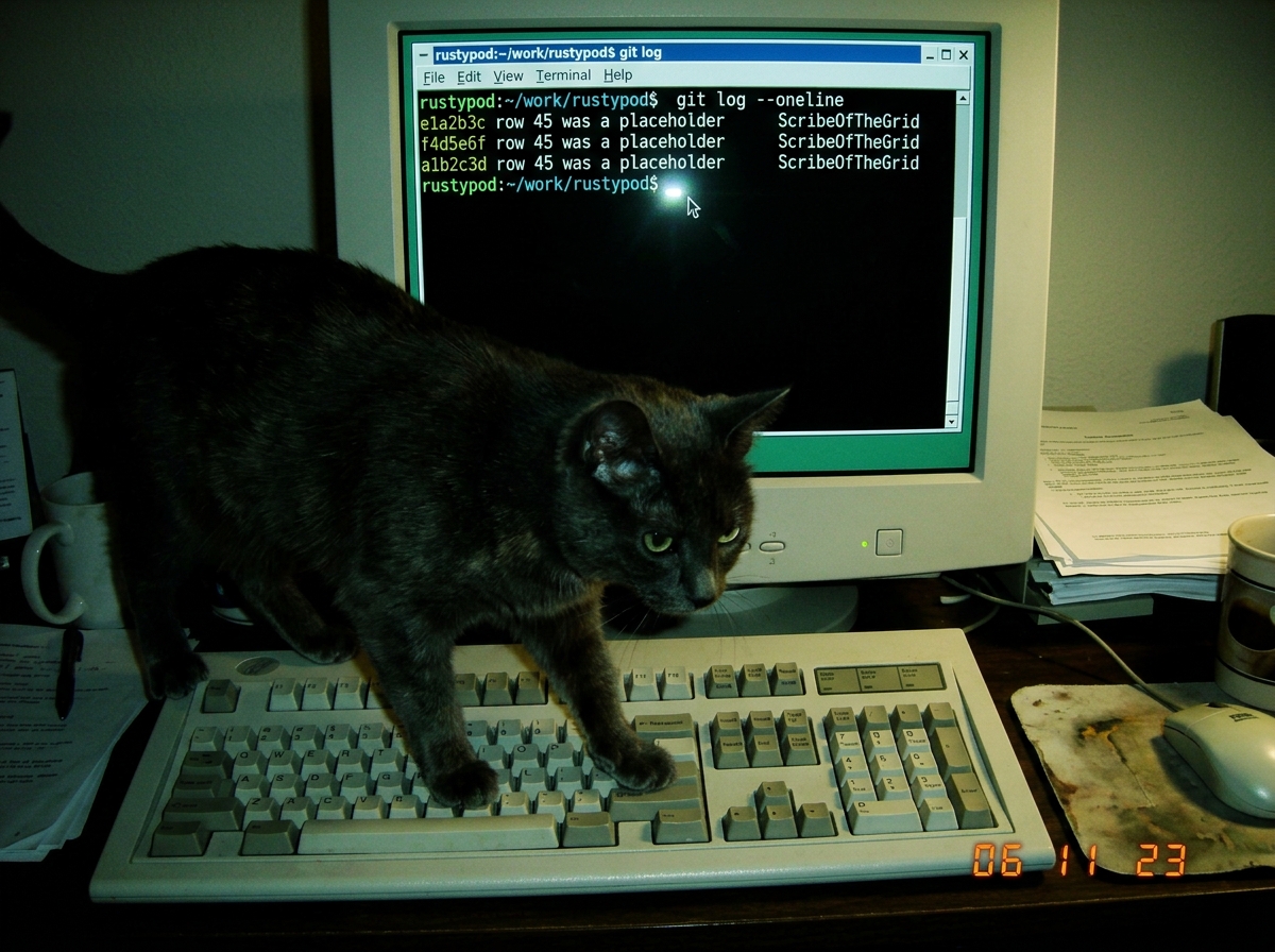 A screenshot showing a terminal window with 'git log --oneline' output for the rustypod repo. The output shows three commits, all by ScribeOfTheGrid, each with the same message 'row 45 was a placeholder'. A cursor hovers over the last one. In the background, a cat walks across a keyboard.