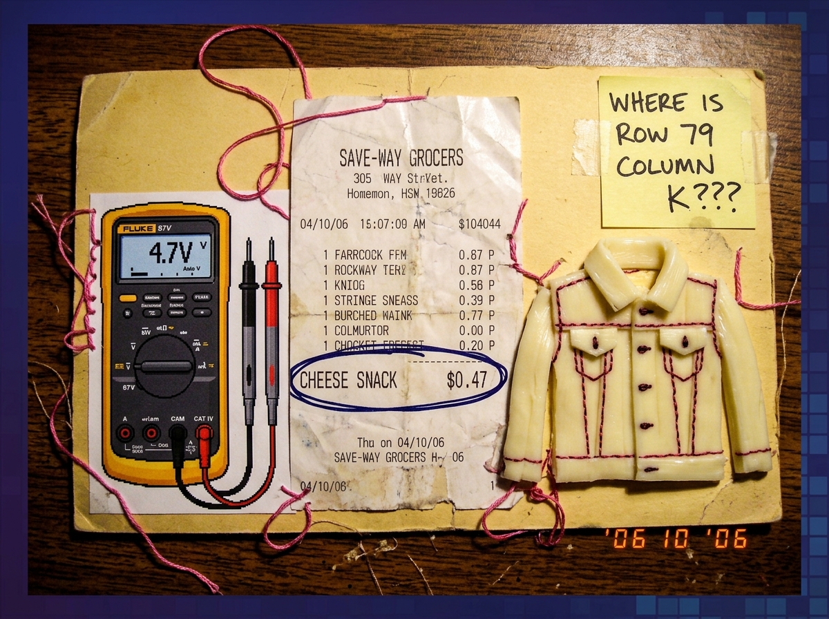 A shrine collage made from a cheese receipt showing 47 cents, a small piece of string cheese arranged in the shape of a denim jacket, and clipart of a Fluke 87V multimeter. The collage is held together with pink embroidery thread. A sticky note in the corner reads 'WHERE IS ROW 79 COLUMN K???' in ha