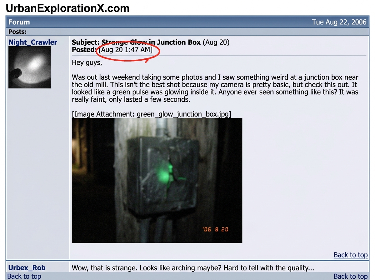 A screenshot of a forum post with the timestamp 'Aug 20 1:47 AM' circled in red, showing a green glow pulse in a blurry night photo of a junction box