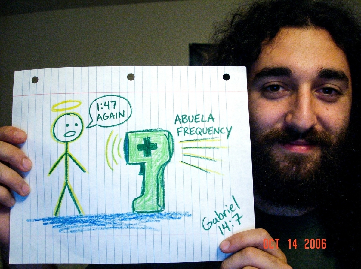 A hand-drawn comic-style illustration on lined notebook paper. A stick-figure person with a halo and a speech bubble that reads '1:47 AGAIN' stands next to a green-glowing police scanner with a glowing cross symbol on it. Above the scanner, zigzag lines radiate outward labeled 'ABUELA FREQUENCY'. In