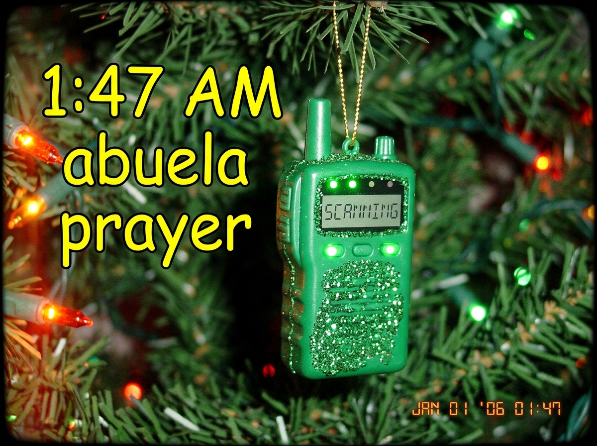 Screenshot of a green LED Christmas tree ornament shaped like a police scanner, with glitter and the text '1:47 AM abuela prayer' written in Comic Sans font on the photo