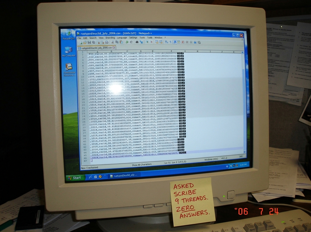 A screenshot of a CSV file opened in Notepad++ on Windows XP. The file shows columns A through K with data ending at row 46. Row 47 in column K is completely empty - no value, no space, no null character visible even with 'Show All Characters' enabled. The title bar shows the commit hash '6b8e2d1' a