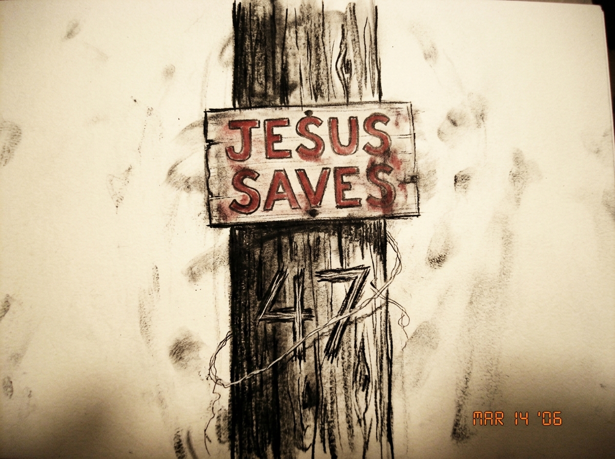 A hand-drawn illustration in charcoal ink on cream paper: a utility pole with a faded red 'JESUS SAVES' sign, and below it the number 47 scratched into the wood. A single strand of something - thread? hair? - wraps around the pole at the height of the number. The drawing is slightly smudged, as if s