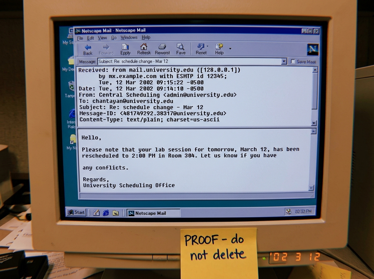 A screenshot of an email client from early 2002, displaying the full headers of a misdirected email. The sender field is a university system address with 'chantayan' in the recipient line. The subject reads 'Re: schedule change - Mar 12'. The interface is an old Netscape or Outlook Express window. B