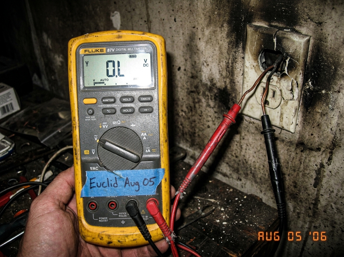 A close-up photo of a beat-up Fluke 87V multimeter displaying 'OL' (overload) on the screen. The probes are attached to two exposed copper wires coming out of a cracked electrical outlet. The wall around the outlet is stained and slightly charred. A piece of blue painter's tape on the meter has 'Euc