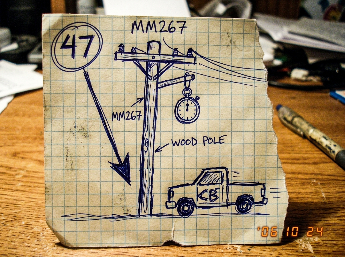 A rough ballpoint pen sketch on a torn piece of graph paper. It shows a wooden utility pole labeled 'MM267' with a crudely drawn stopwatch hanging from one of the crossbeam pegs. Below the pole, a small truck is drawn in profile with 'CB' written on the side in scribbled letters. The number '47' is