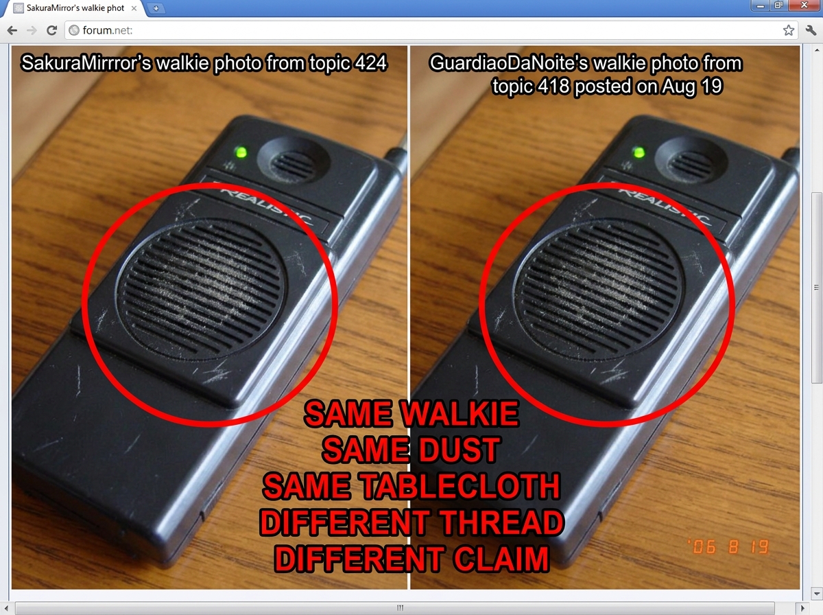 A split-screen comparison image. Left side shows SakuraMirror's walkie photo from topic 424, right side shows GuardiaoDaNoite's walkie photo from topic 418 posted on Aug 19. Both show the same vintage walkie-talkie at the same angle with a single green LED, same dust pattern across the speaker grill