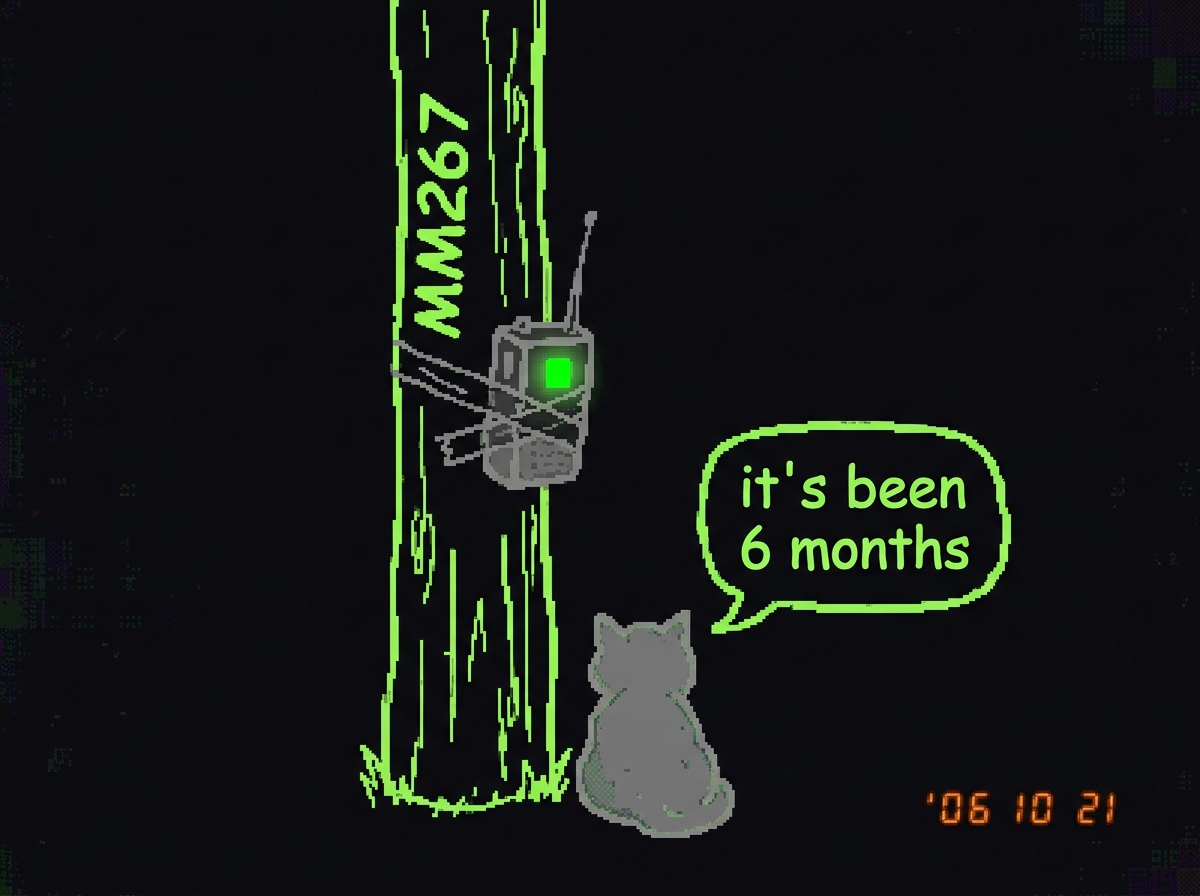 A very crude MS Paint-style drawing of a wooden utility pole labeled 'MM267' with a walkie-talkie taped to it at eye level. The walkie has a single green LED glowing. Underneath the pole, a small gray cat sits with its back to the viewer. A speech bubble from the cat says 'it's been 6 months' in Com