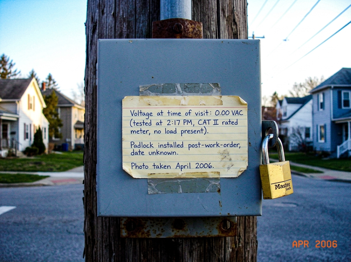 A photograph of the Euclid junction box, a weathered gray metal electrical box mounted on a wooden utility pole. A yellow Master Lock padlock hangs from the hasp. Taped to the box is a handwritten index card with archival notes in blue ink: 'Voltage at time of visit: 0.00 VAC (tested at 2:17 PM, CAT